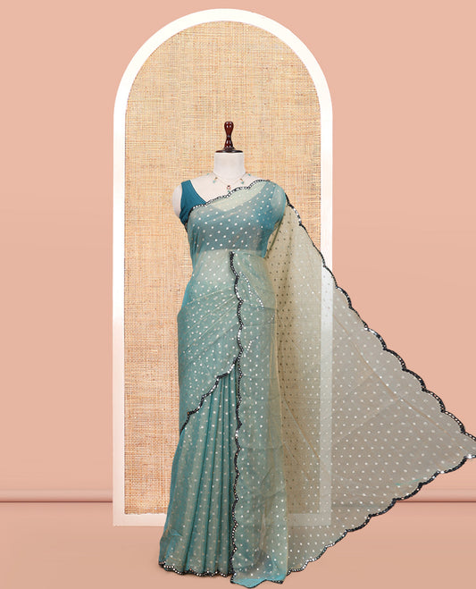 Sea Green Shimmer Chiffon Saree, Steeped with Buttas, a Scallop Mirror Work Border, and a Matching Blouse
