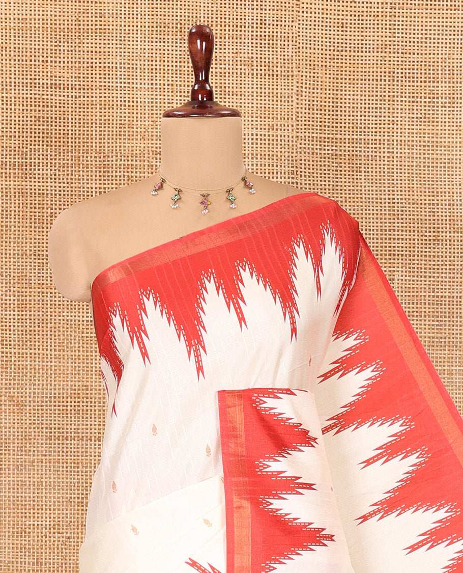 Cream-Red Katan Silk Saree Features Buttas, Complemented by Contrast Temple Zari Border, Striped Pallu, and a Contrast Blouse