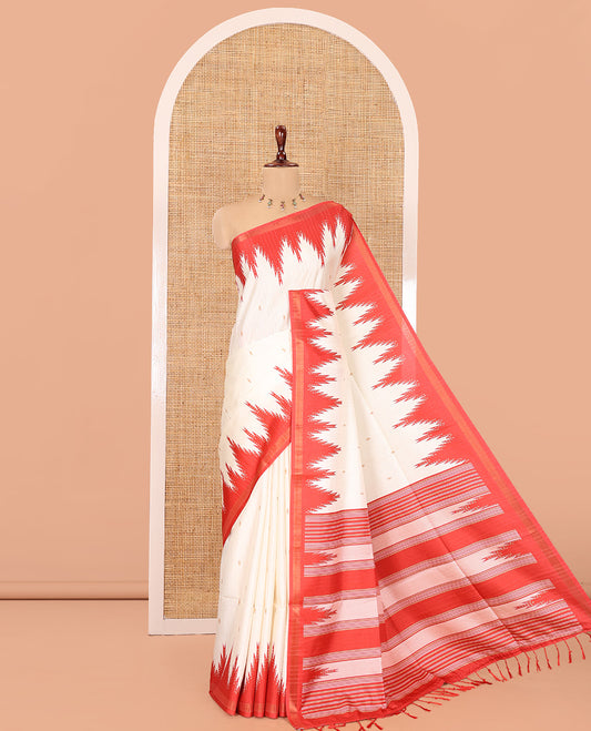 Cream-Red Katan Silk Saree Features Buttas, Complemented by Contrast Temple Zari Border, Striped Pallu, and a Contrast Blouse