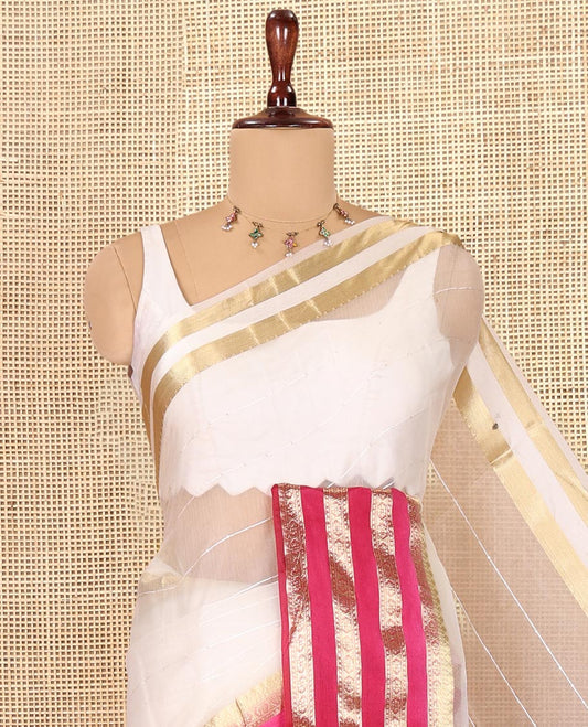 Off-White-Purple Horizontal Striped Semi-Organza Saree, a Contrast Traditional Zari Border, Striped Pallu, and a Contrast Blouse