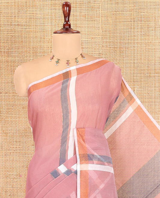 Onion Pink Khadi Cotton Saree, Adorned with Stripes, a Subtle Border, Striped Pallu, and Plain Blouse