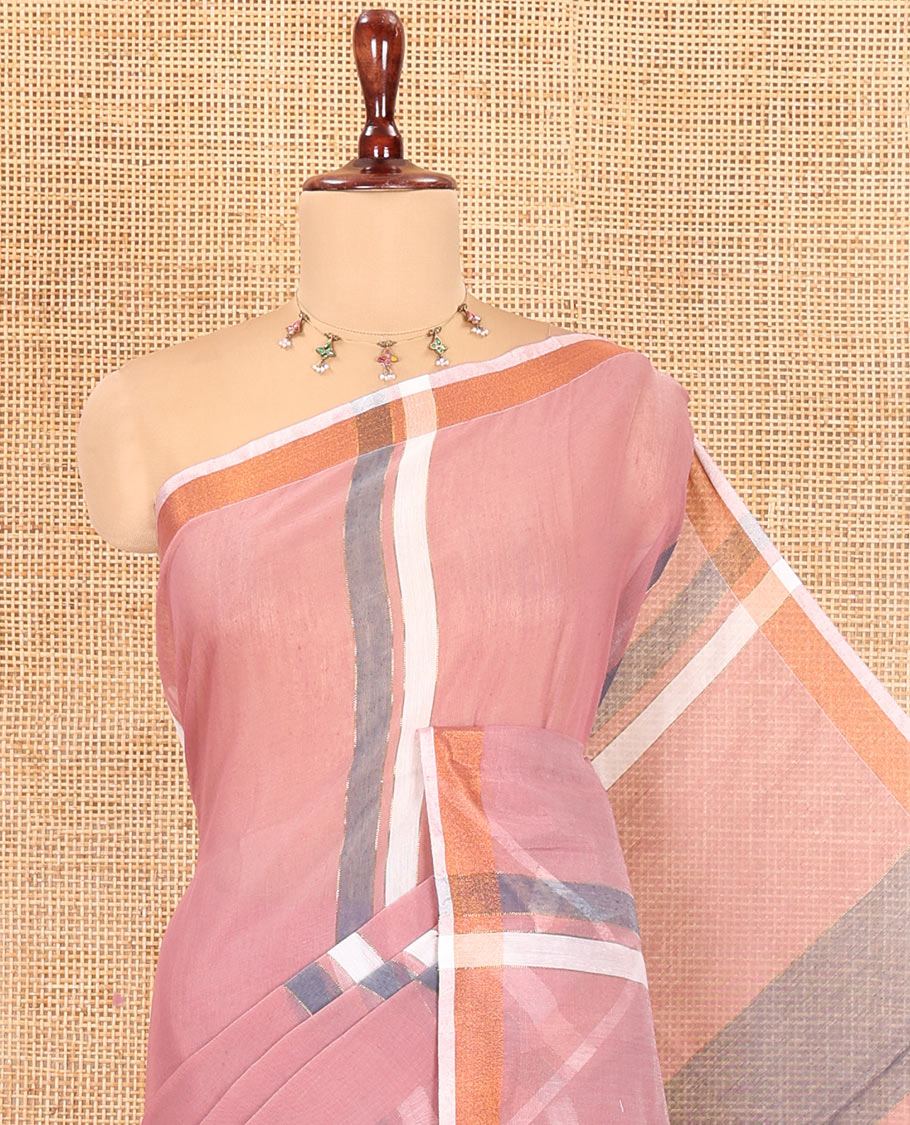 Onion Pink Khadi Cotton Saree, Adorned with Stripes, a Subtle Border, Striped Pallu, and Plain Blouse