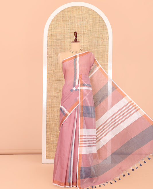 Onion Pink Khadi Cotton Saree, Adorned with Stripes, a Subtle Border, Striped Pallu, and Plain Blouse