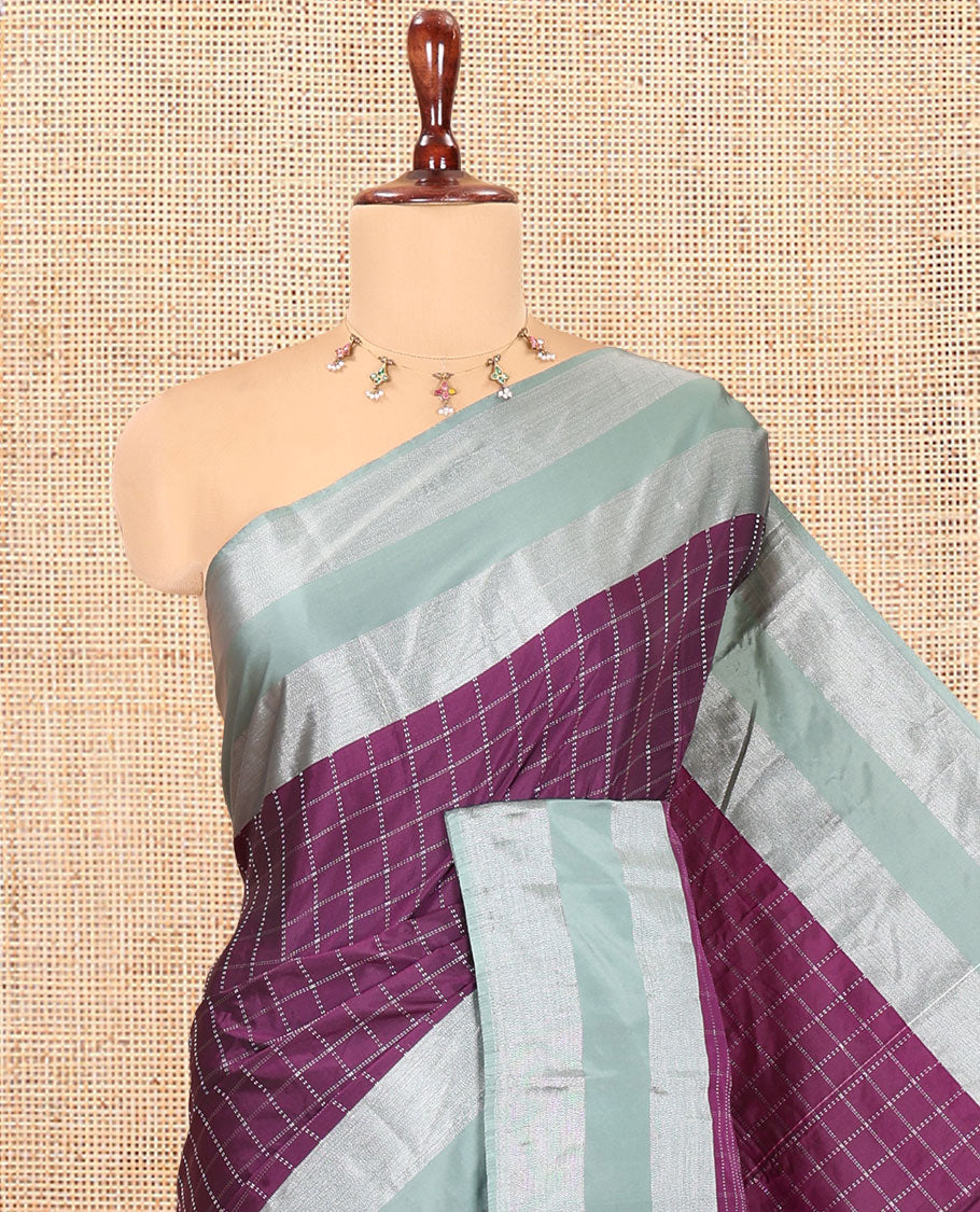 Purple Checked Semi-Soft Silk Saree, Complemented by a Contrast Striped Border, Checked Self-Pallu, and a Matching Blouse
