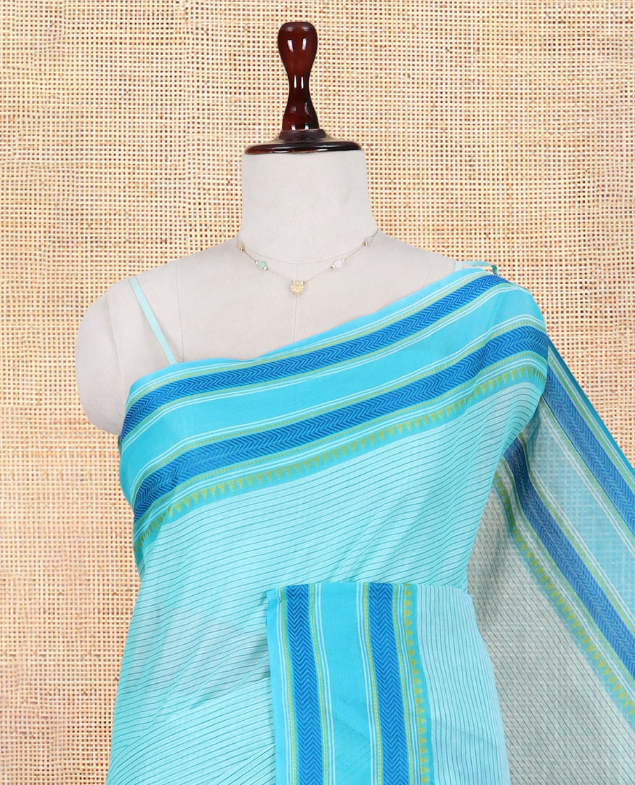 Blue Striped Chettinad Cotton Saree, Contrast Traditional Thread Border, Striped Pallu, a Contrast Blouse