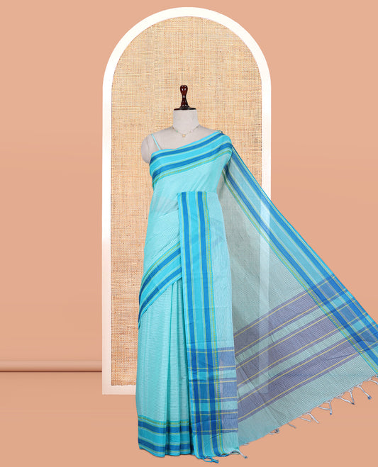 Blue Striped Chettinad Cotton Saree, Contrast Traditional Thread Border, Striped Pallu, a Contrast Blouse