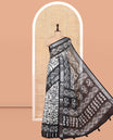 Cream Jute Linen Saree Features Batik Floral Print, Zari Border, Printed Pallu, Contrast Blouse