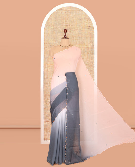 Green-Peach Chiffon Saree Features Ombre-Dye and Mirrorwork, Scallop Border, and a Matching Blouse
