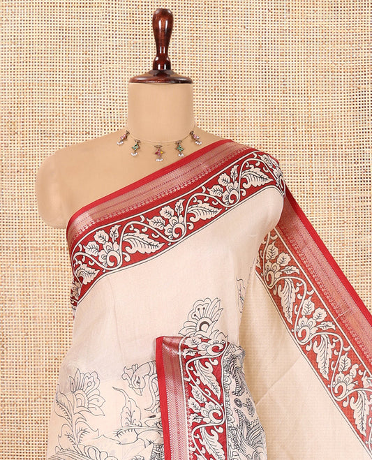 Cream-Red Kalamkari Printed Moss Chiffon Saree, a Contrast Border, a Contrast Blouse