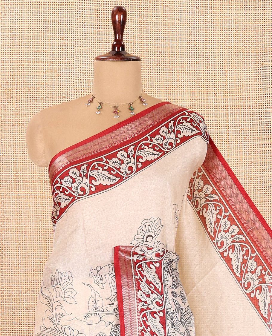 Cream-Red Kalamkari Printed Moss Chiffon Saree, a Contrast Border, a Contrast Blouse