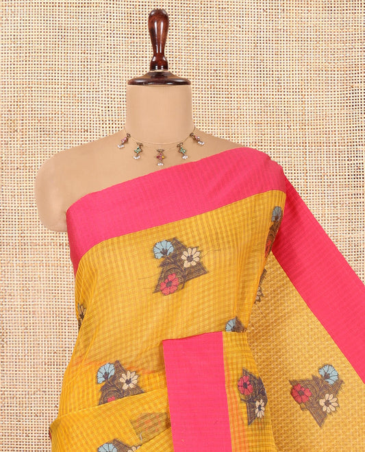 Yellow Kota Chex Saree Features Floral-Triangle Thread Weave, a Contrast Border, and a Matching Blouse