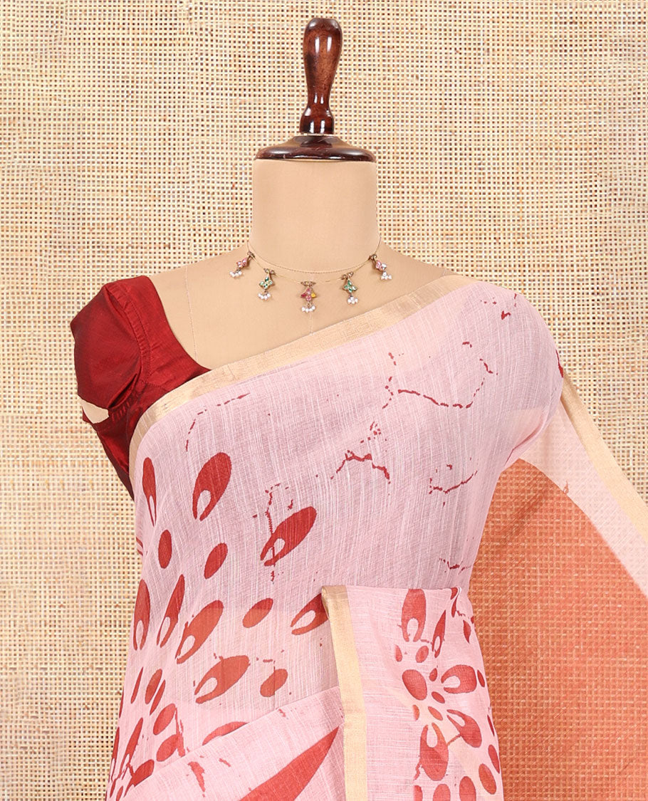 Borderless Rust Linen Cotton Saree, Elevated with Geometric-Abstract Print and a Contrast Blouse
