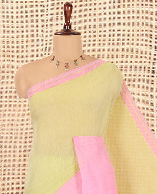 Parrot Green Plain Khadi Mul Cotton Saree, a Contrast Big Border, a Self-Pallu, and a Matching Blouse