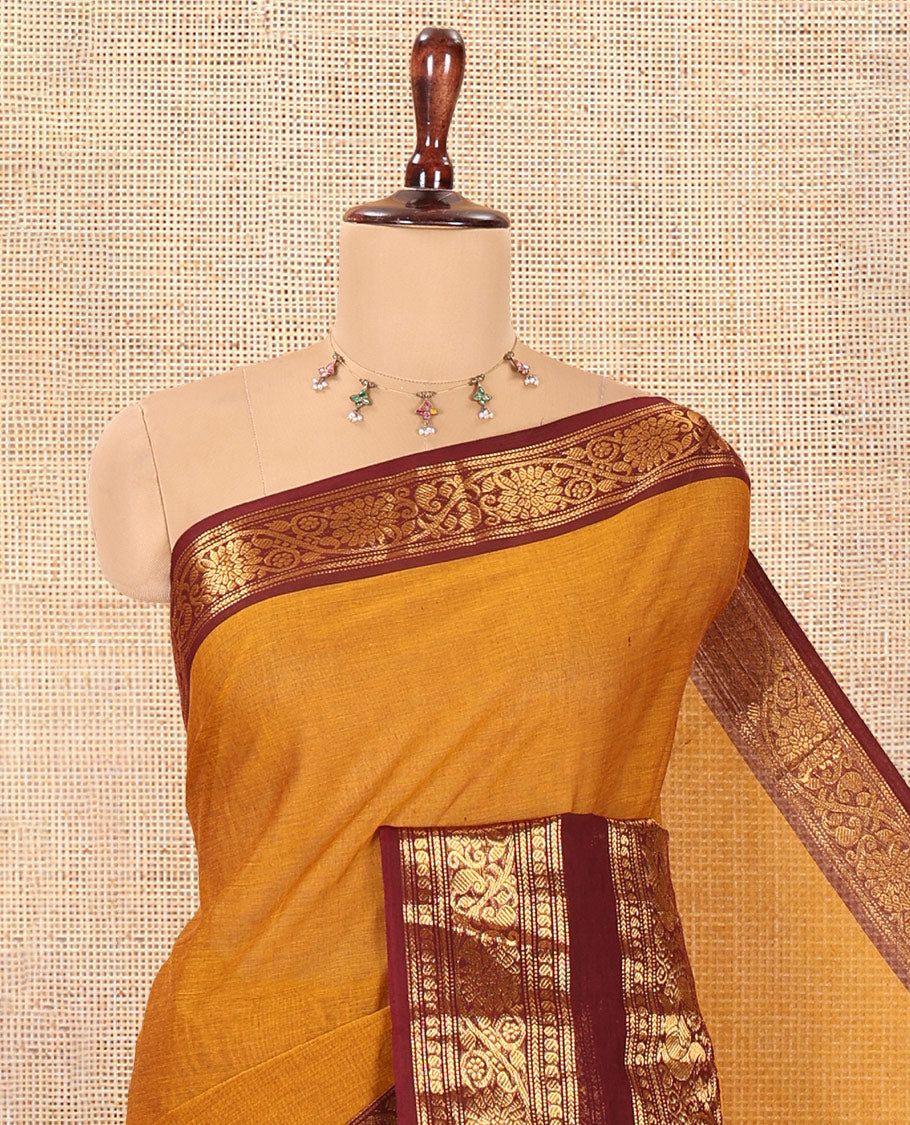 Mustard Plain Chettinad Cotton Saree, a Contrast Rettai Pettu Traditional Zari Border, Striped Pallu, and a Matching Blouse