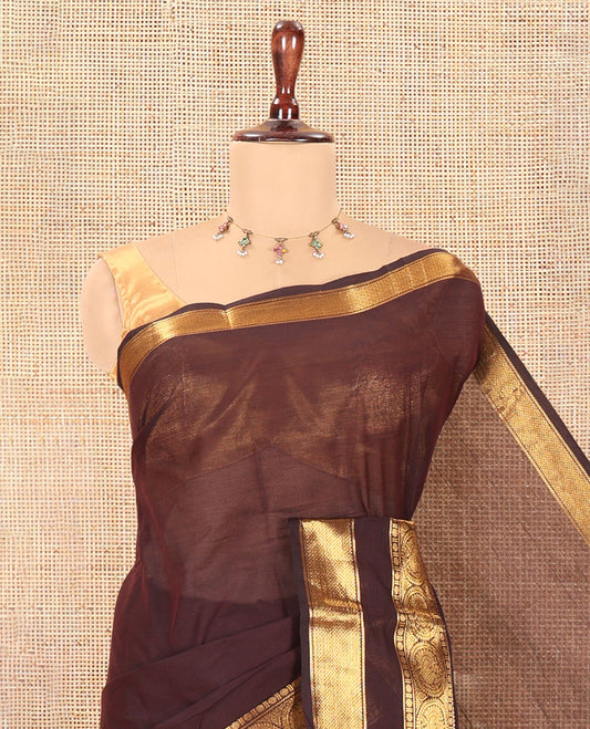 Brown Plain Chettinad Cotton Saree, a Zari Traditional Rettai Pettu Chakram Border, Striped Pallu, and a Matching Blouse
