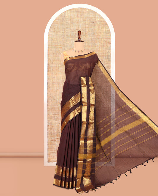 Brown Plain Chettinad Cotton Saree, a Zari Traditional Rettai Pettu Chakram Border, Striped Pallu, and a Matching Blouse