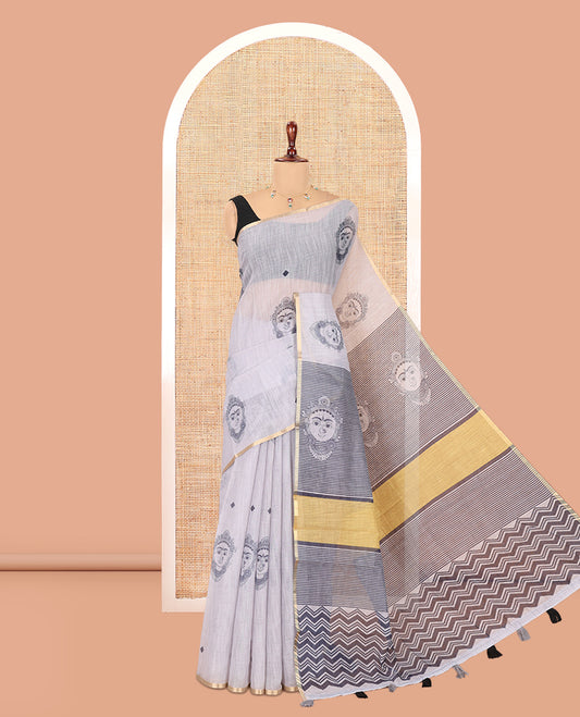 Borderless Grey Linen Cotton Saree, Accentuated with Face Print, Contrast Pallu of Chevron Stripes and Face Print, a Contrast Blouse