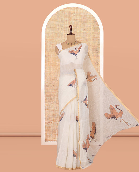 Borderless Cream Linen Cotton Saree, Adorned with Crane Motifs Print, and a Matching Blouse