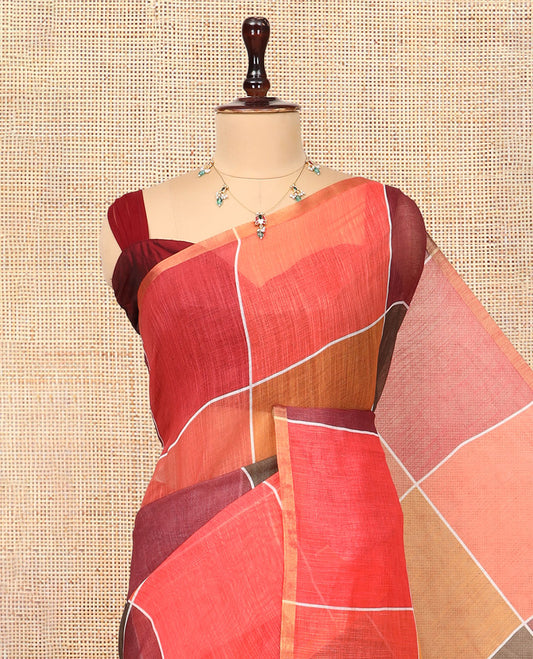 Multi-Color Big Checked Design Linen Cotton Saree, a Zari Piping Border Striped Pallu, and a Matching Blouse