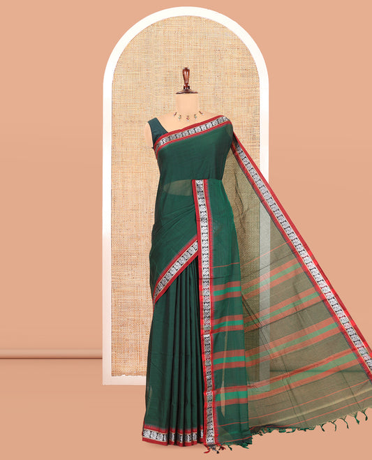 Green Plain Mercerized Cotton Saree, a Contrast Peacock Temple Thread Border, Striped Pallu, and a Matching Blouse