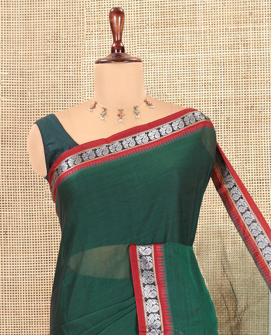 Green Plain Mercerized Cotton Saree, a Contrast Peacock Temple Thread Border, Striped Pallu, and a Matching Blouse