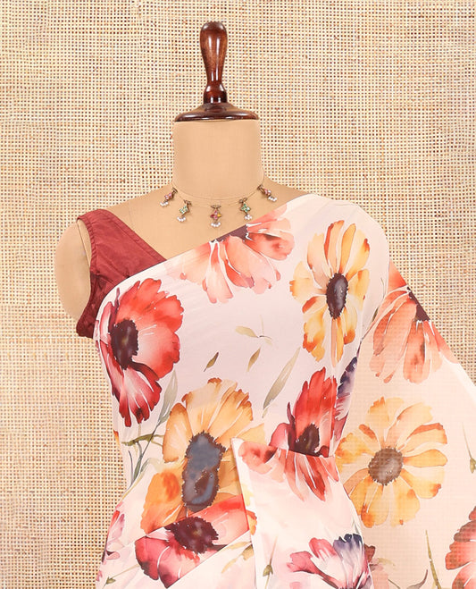 Borderless Cream Chiffon Saree, Accentuated with Floral Motif Print, a Self-Pallu, and No Blouse