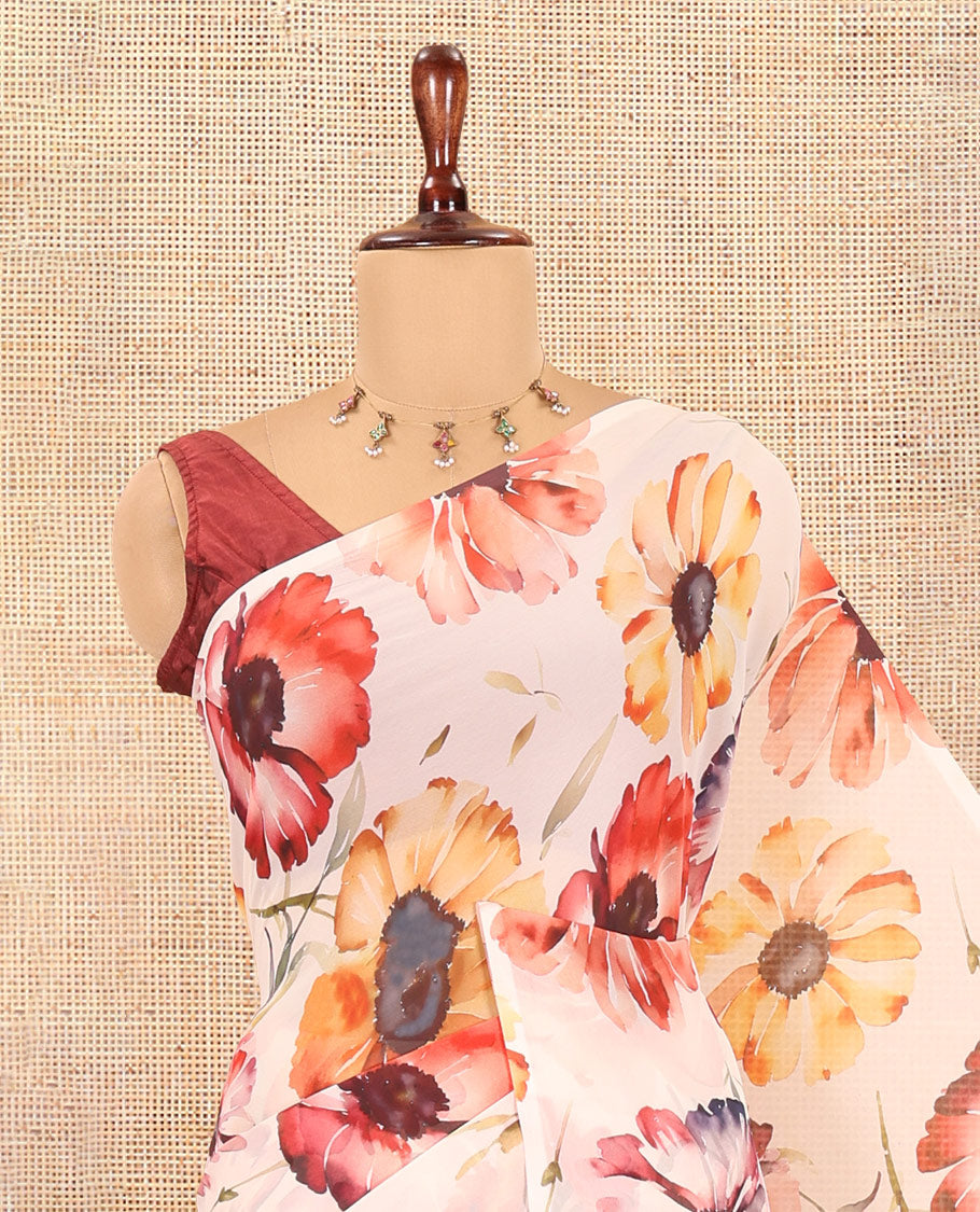 Borderless Cream Chiffon Saree, Accentuated with Floral Motif Print, a Self-Pallu, and No Blouse