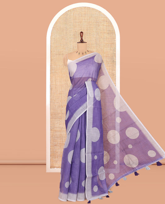 Violet Linen Cotton Saree, Subtly Sparkled with Polka Dot Buttas, a Contrast Border, a Contrast Blouse