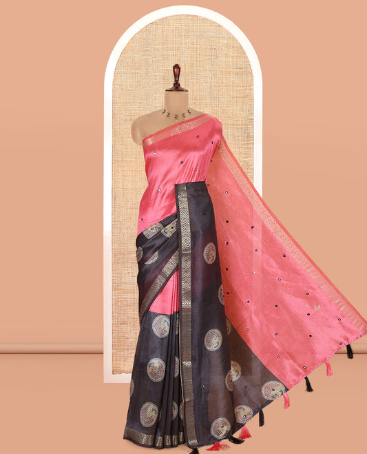 Pink-Grey Semi-Tussar Saree