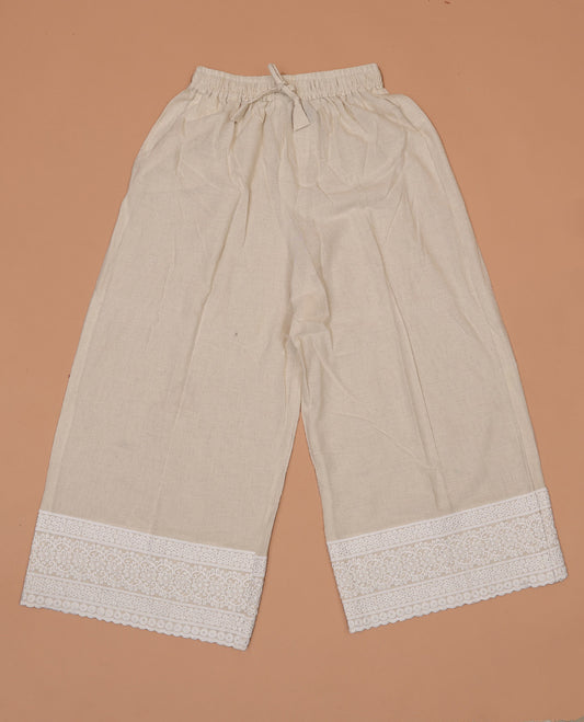 Chikku floral-geometric theme motifs thread and sequins embroidered khadi mul cotton palazzo pants