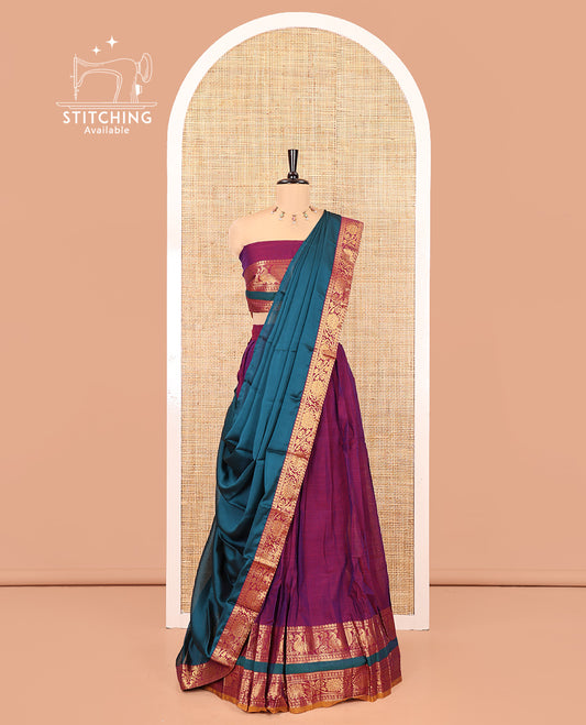 Purple Mercerised Cotton Half-Saree Features a Plain Skirt, a Contrast Peacock-Floral Creeper Border, a Matching Blouse, and a Contrast Dhavani