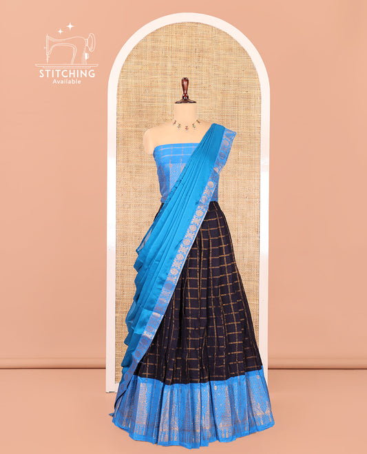Navy Blue-Firozi Blue Sungudi Cotton Half-Saree Features Checked Skirt, Contrast Gopuram Border, Contrast Blouse, and Zari-Bordered Syska Georgette Dhavani