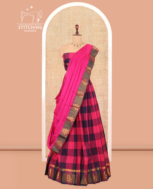 Rani Pink-Navy Blue Checked Chettinad Cotton Half-Saree