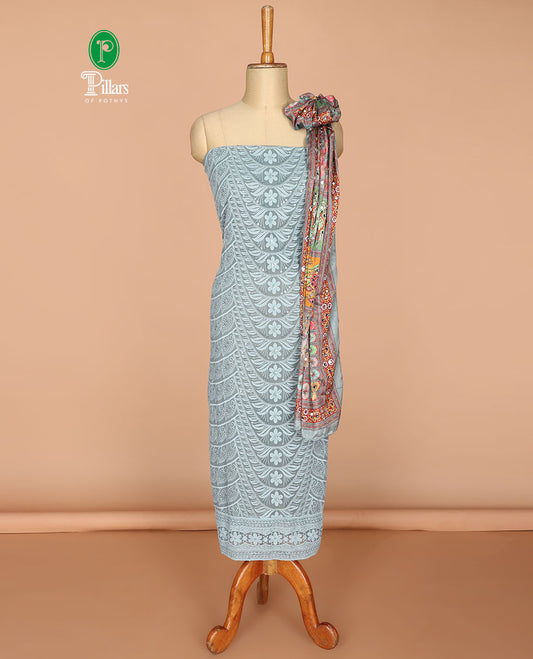 Dusty blue  shifli , sequins work, floral design georgette chudidhar material top with american crepe pant & chinnon material diagital print, mirror work dupatta