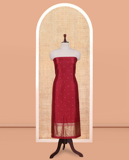 Red Semi-Silk Material Churidar Features Zari Buttas Woven Top, a Santoon Bottom, and Zari Design Dupatta