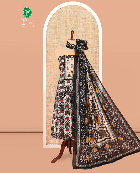 Black-Green Mul Cotton Material Chudidar, Batik Printed Top, a Contrast Bottom, and Batik Print Dupatta