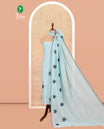 Dusky Blue Mul Chanderi Material Chudiddar, Floral Embroidered Top, Plain Bottom, Scallop Embroidered Dupatta