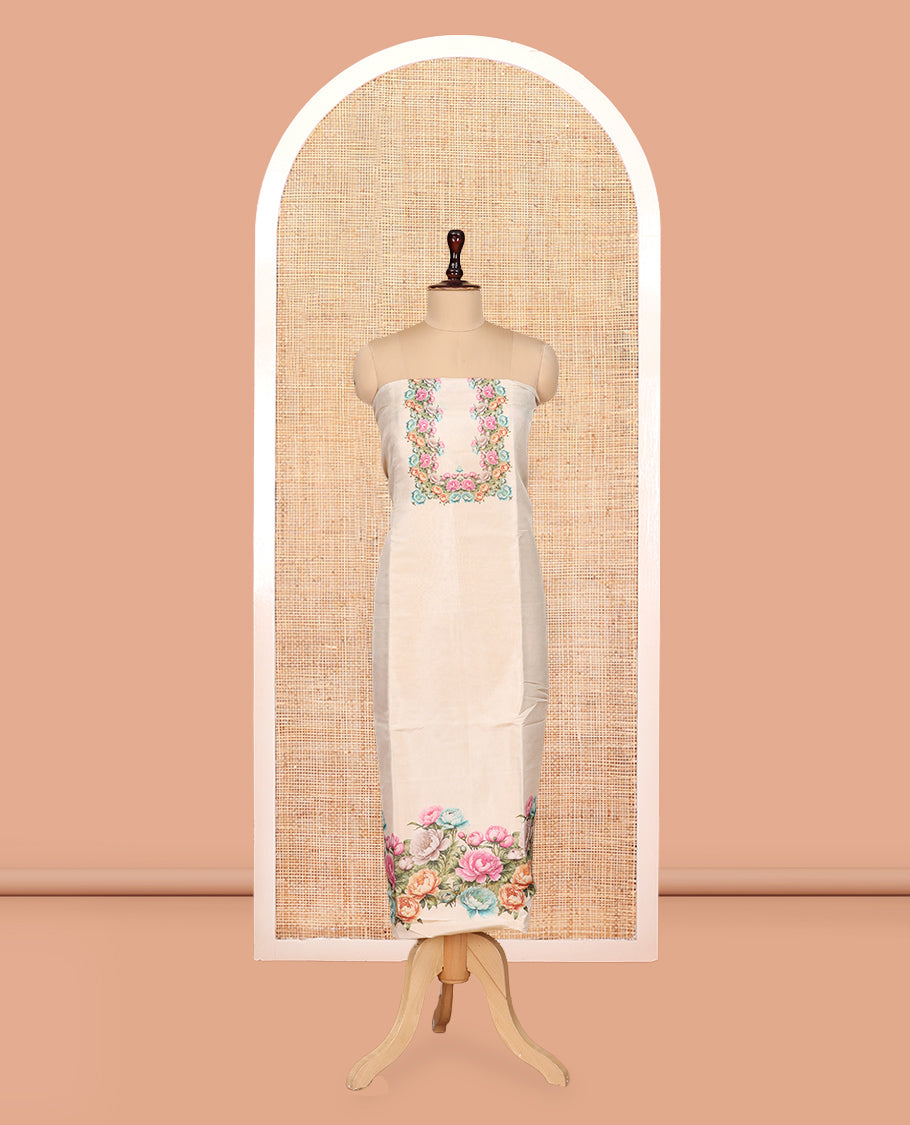 Gold-Chikku Tissue Material Churidar, Beautified with Rose Floral Printed Top, a Contrast Bottom, a Floral Printed Dupatta