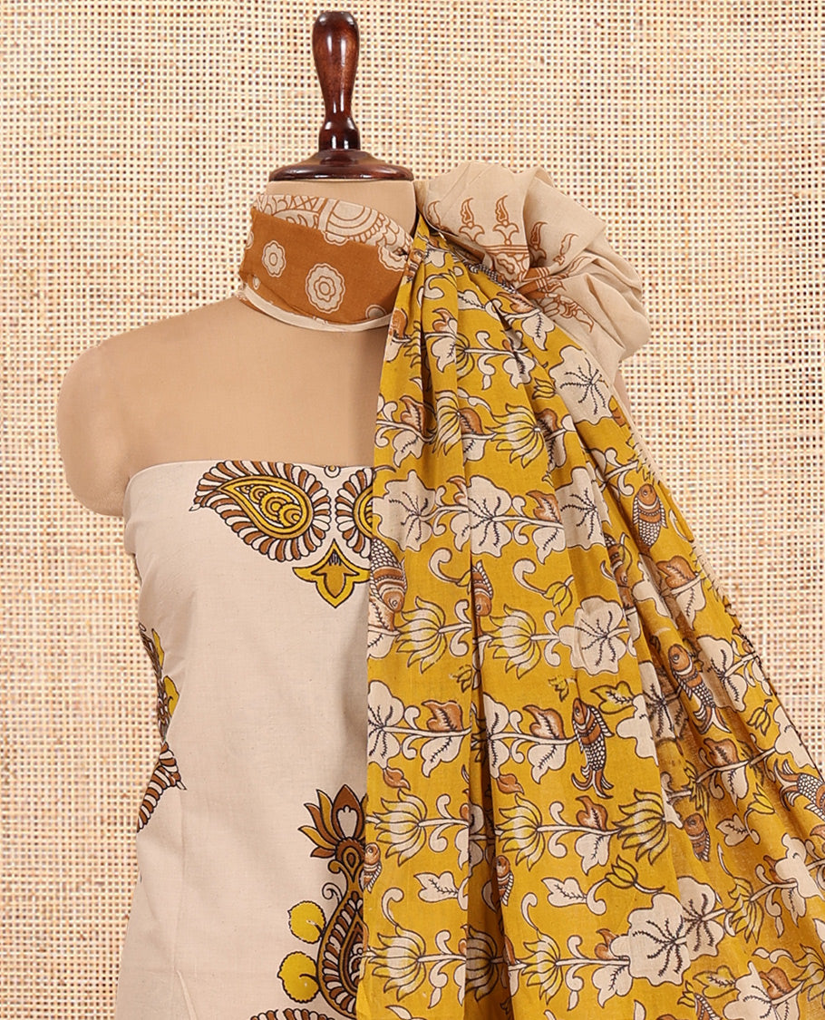 Chikku-Mustard Cotton Material Chudidar, Kalamkari Print Skirt, Contrast Bottom, Kalamkari Print Dhavani
