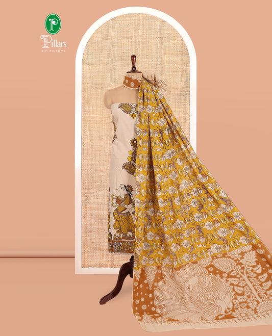 Chikku-Mustard Cotton Material Chudidar, Kalamkari Print Skirt, Contrast Bottom, Kalamkari Print Dhavani