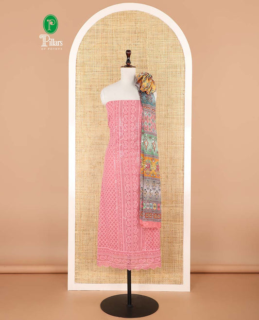 shifli lucknowi embroidery mango design georgette chudidhar material top with american crepe pant & floral digital print, sequins embroider dupatta
