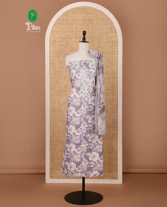 Lavender cotton chudidar material set,floral print & neck sequin embroidery top,stripes printed bottom & floral printed dupatta