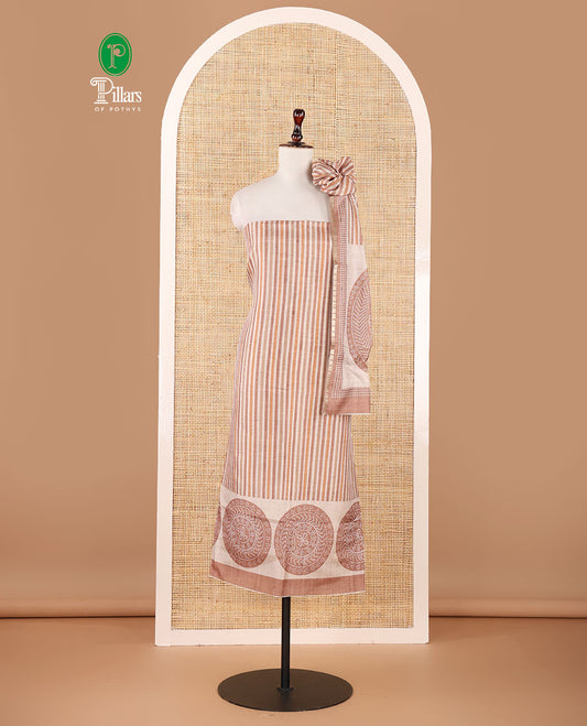 Mustard semi-tussar material chudidar set, stripes & bandhani-style dotted motifs printed top & dupatta with heathered bottom