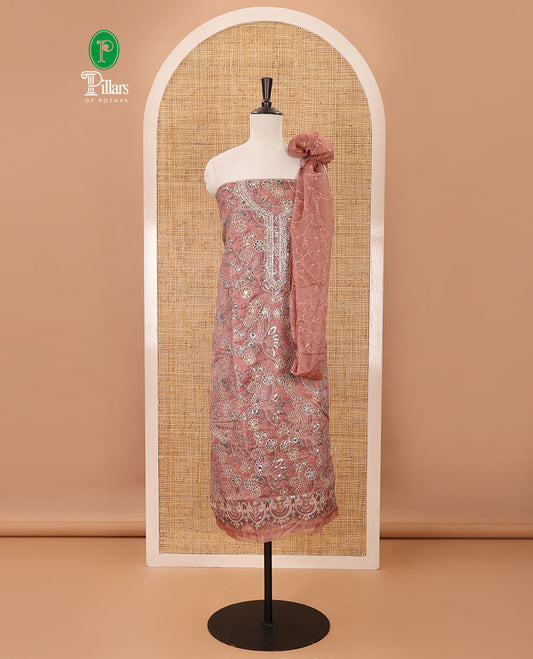Fawn color material chudidar set, floral printed & outline mixed embroidery organza top,plain bottom & floral vine sequins embroidery dupatta
