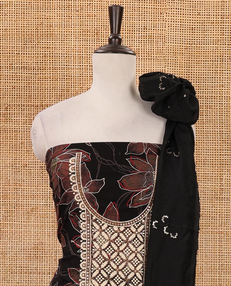 Black material chudidar set, floral print & thread neck embroidered rayon top, matching cotton bottom & sequins embroidered floral dupatta