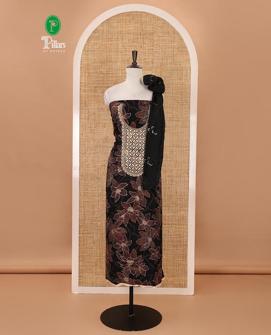 Black material chudidar set, floral print & thread neck embroidered rayon top, matching cotton bottom & sequins embroidered floral dupatta