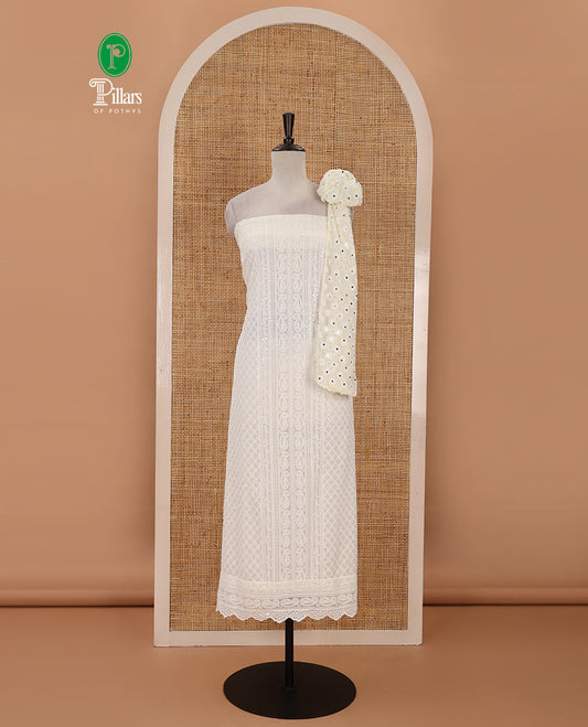 Cream material chudidar set,  floral, paisley & geometric schiffli embroidered georgette top & orginal mirror embroidered georgette dupatta