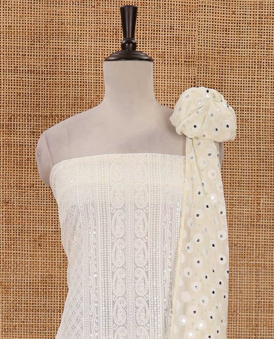 Cream material chudidar set,  floral, paisley & geometric schiffli embroidered georgette top & orginal mirror embroidered georgette dupatta