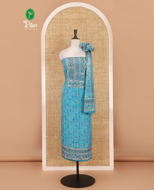 Ananda Blue material chudidar set, floral-theme batik printed with mirror embroidered crepe top, santoon bottom, and Chinon dupatta of print, and mirror embroidery