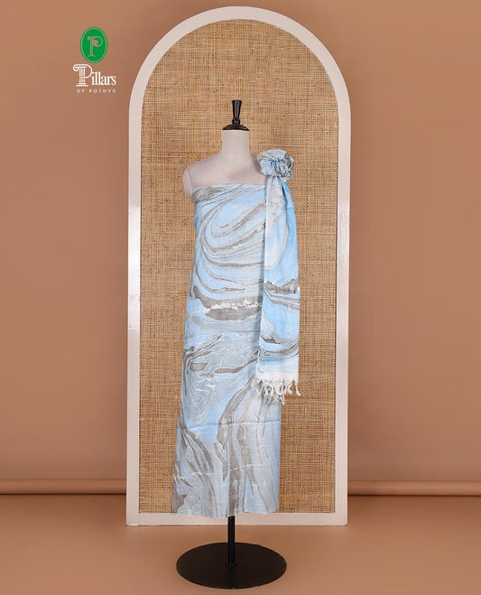 Blue semi-jute cotton material churidar set, abstract marble print top, abstract marble print bottom, and abstract marble print dupatta